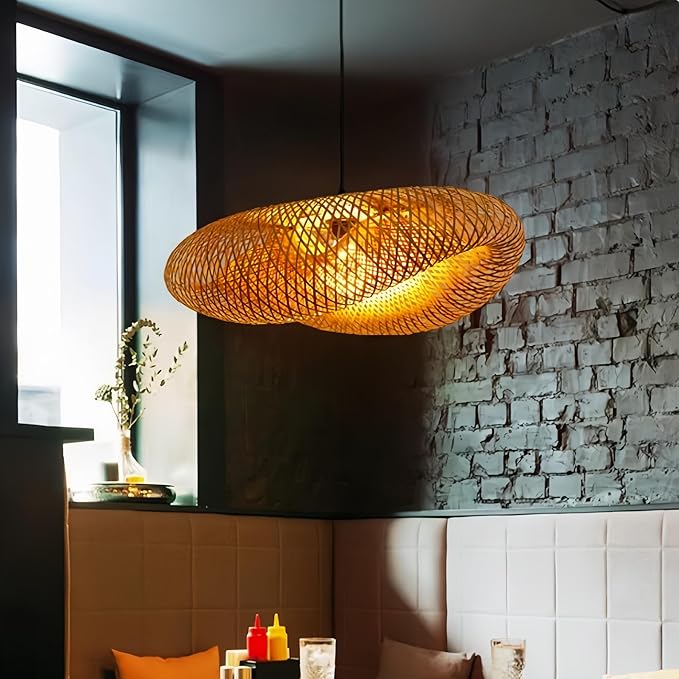 COSYLUX Farmhouse Rattan Pendant Light Fixture for Kitchen Island, Dining Room, 22'' Hand-Woven Bamboo Hanging Lamp, Rattan Chandelier Bird Nest Shape Pendant Light for Bar Cafe Living Room