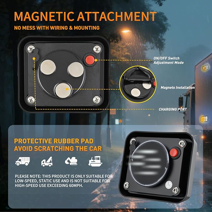 Nilight 12LED Magnetic Wireless Trailer Lights 2PCS Rechargeable Portable Hazard Beacon Warning Light Amber and White Emergency Strobe Light for Trucks Trailers Vehicles Cars Bus Surface Mount
