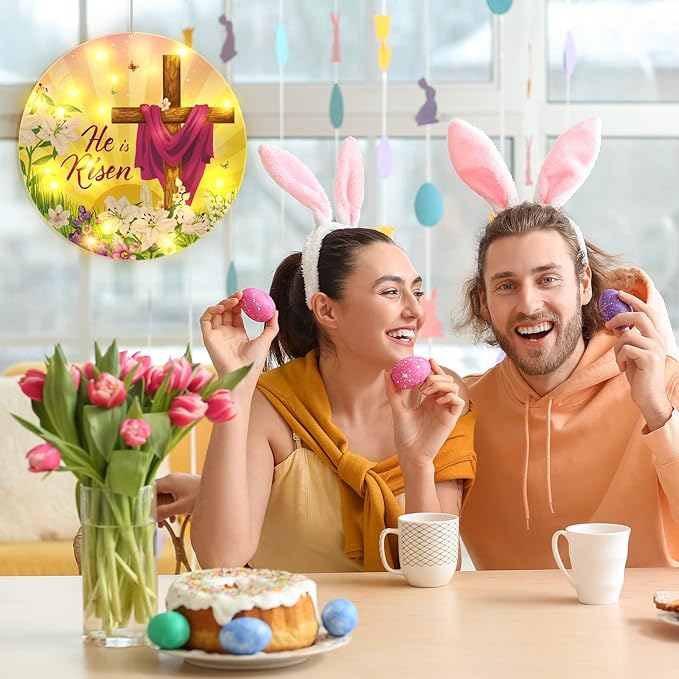 Geelin 11 Inch Easter Window Light He is Risen Decorations Spring Christian Jesus Cross Religious Sign LED Happy Easter Party Supplies for Indoor and Outdoor Farmhouse Wall Decor (Cross)