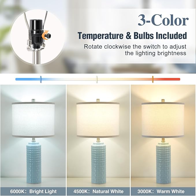 Luvkczc 24.8" Modern Ceramic Bedside Lamps Set of 2, 3 Color Temperature & Bulbs Included - Nightstand Lamps for Bedroom, Living Room, Office, Entryway Decor