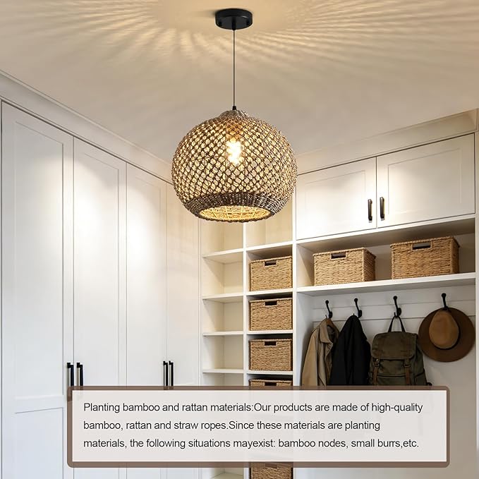 Pendant Light Rattan Fixture,Farmhouse 13.79” Wicker Hand-Woven Suspension Bohemian Chandelier for Kitchen Island Bedroom Living Room Entry Hallway