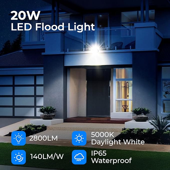 CINOTON 20W LED Flood Lights Outdoor, IP65 Waterproof Exterior Security Wall Lights with 180°Knuckle, 2800LM 120V Outside Aluminum Lighting Fixture for Patio Porch Yard Garage 5000K 1 Pack, UL Listed