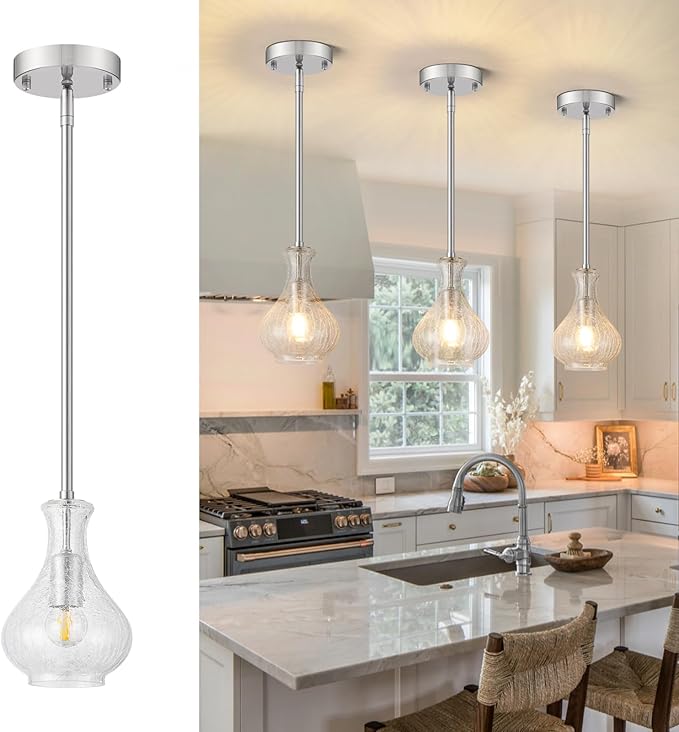 Brushed Nickel Pendant Lights Kitchen Island, 5.9" Modern Crackle Glass Pendant Light Fixtures Single Hanging Lighting with Adjustable Rods for Kitchen Island, Sink, Bathroom, E26 Base