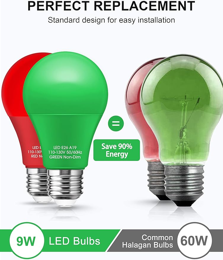 Red Light Bulbs Green Light Bulbs [4 Pack] - A19 LED Red and Green Bulbs 9W (60W Equivalent) - E26 Base Colored Light Bulb for Christmas Party Porch Decor