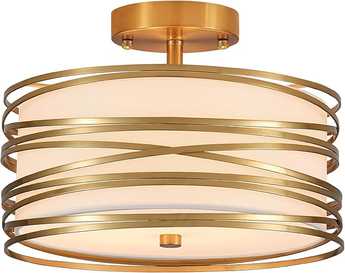 Drum Semi Flush Mount Ceiling Light Fixture Vintage 12.2“ Modern Farmhouse 2-Lights Linen Drum Ceiling Lighting Rustic Golden Ceiling lamp for Dining Room, Bedroom, Laundry Room, Basement