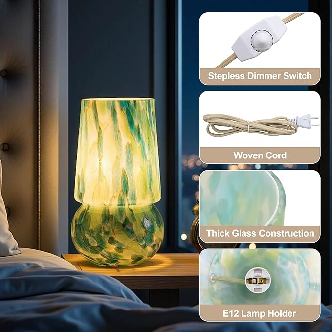 9.8 Inch Mushroom Table Lamp, UL Listed Dimmable Small Desk & Bedside Lamp with Woven Beige Cord, Handcrafted Pattern, Murano Home Decor for Bedroom, Living Room, Entryway (Emerald Teal)
