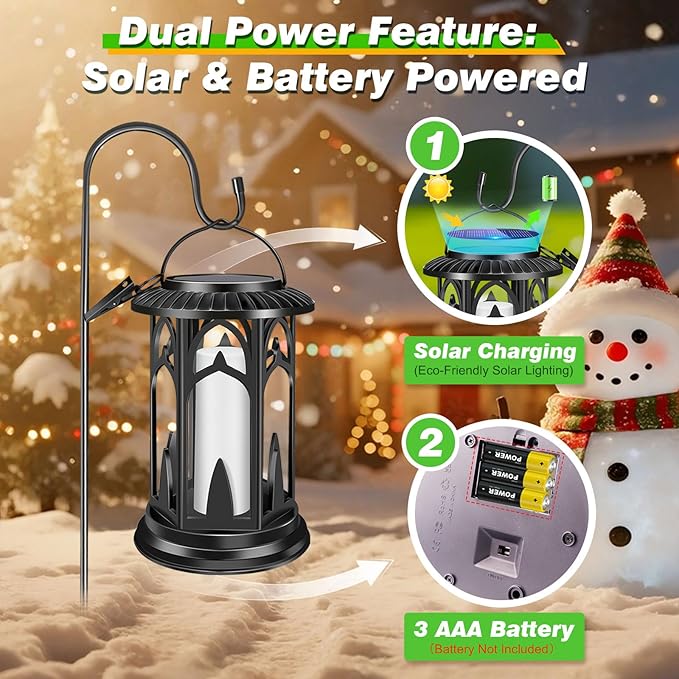 Solar Lanterns Flickering Flame Outdoor Metal Solar Light Waterproof Solar Powerd Led Flame Lights with Battery Compartment Dual Mode for Patio Fence Garden Yard Trees Lawns Decorations(Pack of 2)