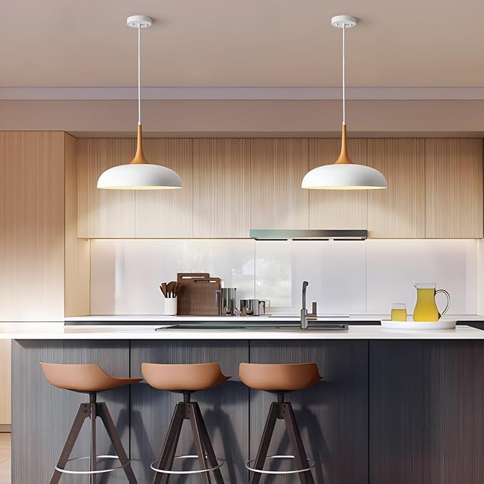 Oversize White Pendant Lights Kitchen Island,Modern Pendant Light Fixtures,Farmhouse Adjustable Hanging Pendant Lighting Foyer Entryway Hallway Bedroom Dining Room Living Room,Faux-Wood,Large 15.75 in