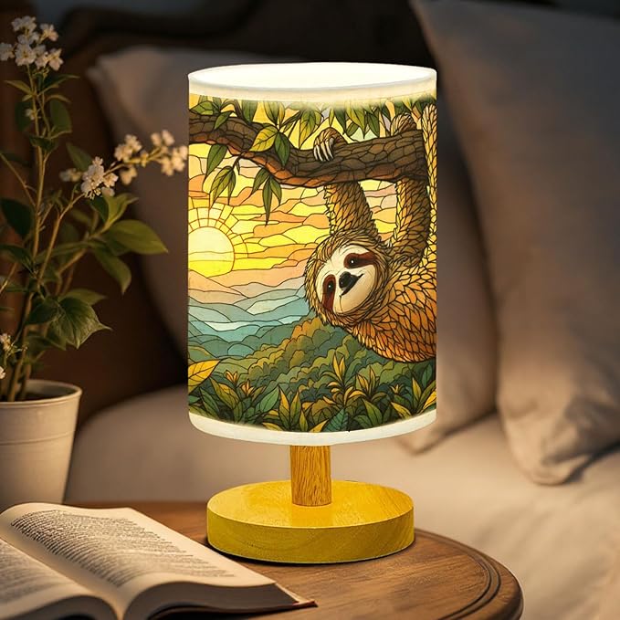 Sloth Table Lamp LED 3-Color Pressed Bedside, Sloth Shade Lamp with Wood Base for Bedroom Living Room Desk Office TL01