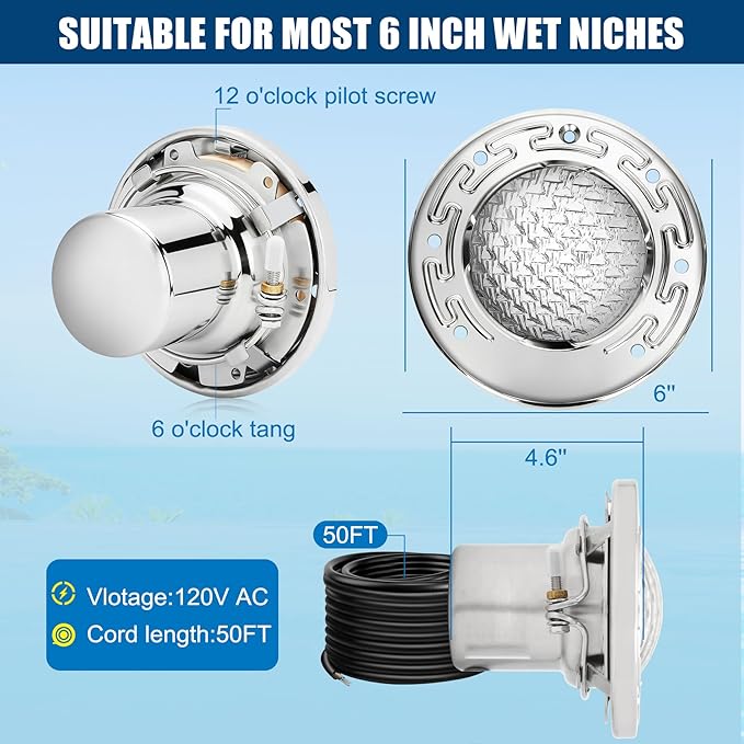 CAtArt 6 Inch Spa Light for Inground Pool Led, 50FT AC120V 6000K Cool White Pool Lights,Compatible with Pentair and Hayward Wet Niches, IP68 Waterproof, 50 FT Cord