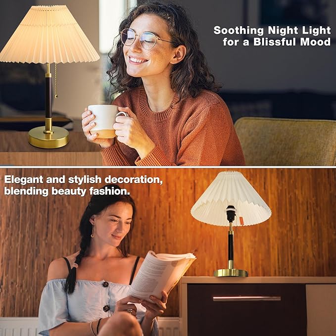 QUIGO Bedside Table Lamp for Bedroom Living Room-3 Color Temperature,Bedside Lamps for Nightstand with Linen Lampshade, Solid Wood & Brass,Modern End Table Lamp,Led Side Table Desk Lamp Vintage BW01T