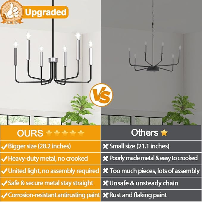 6-Light Farmhouse Chandelier for Dining Room Lighting Fixtures Hanging, Black and Silver Dining Light Fixtures Industrial Chandelier for Bedroom, Foyer, Hall, Kitchen, Living Room and Entryway