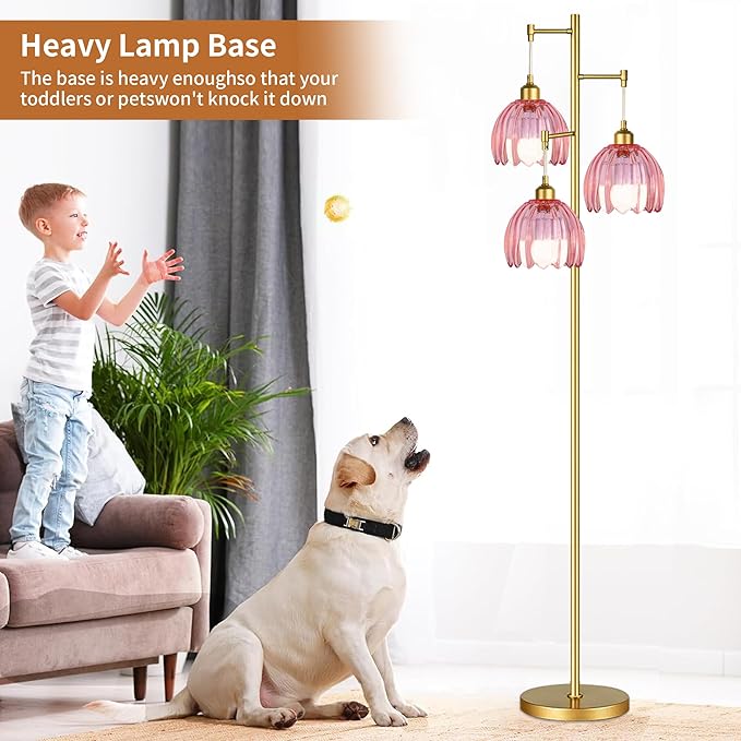 Dimmable Floor Lamps for Living Room-3 Light Gold Vintage Floor Lamp with Glass Lampshape & Three Bulbs,Modern Mid Century Standing Lamp Green Flower Tall Tree Floor Lamp for Bedroom Corner