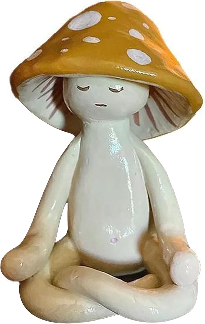 Meditation Mushroom Resin Statue - Cute Yoga Meditation Mushroom Statue for Desk Living Room Resin Figurine for Home Patio Office Decor Cute Plant Statues for Tabletop Garden Backyard Decor