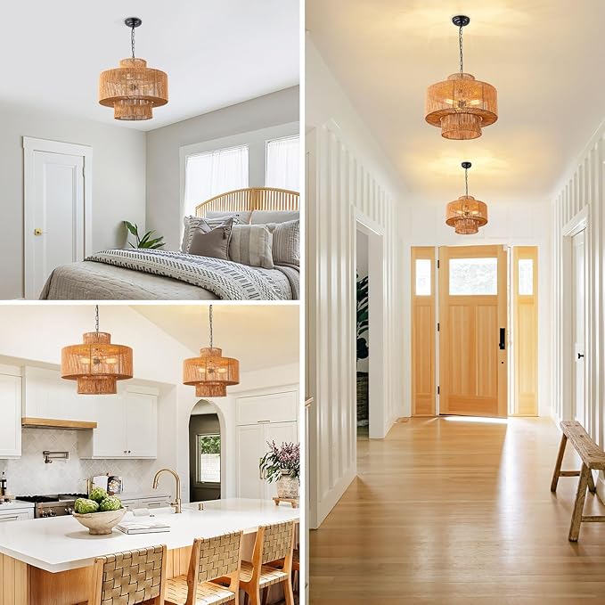 Large Rattan Pendant Light Fixture Dinning Room Chandelier Boho Hanging Light 3-light Chandelier Basket Lamp Shade Hand Woven Pendant Light for Kitchen Island Hallway Bedroom Farmhouse Living Room