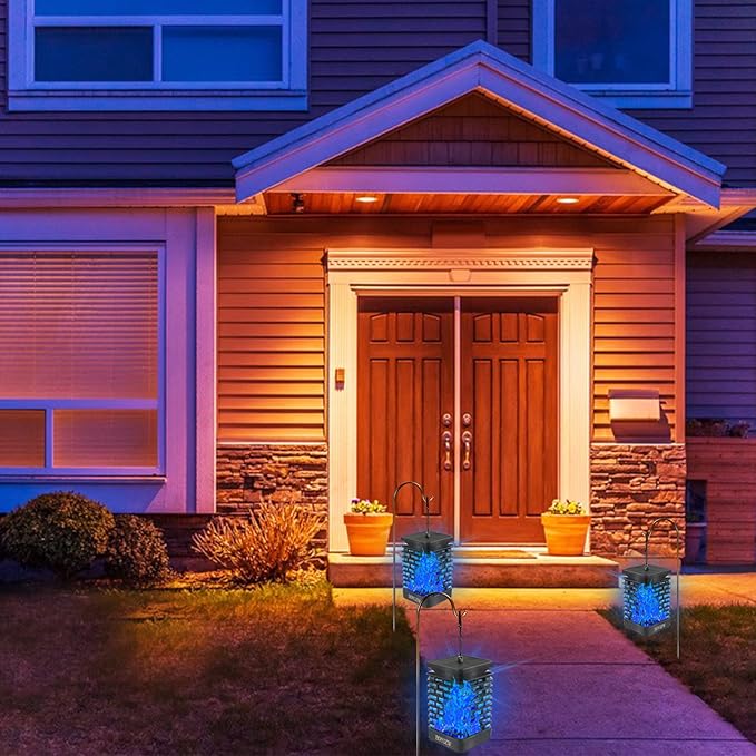 EOYIZW Solar Lights Outdoor, 99 LEDs Flickering Flame Lantern for Garden Decor- 2 Pack Waterproof Solar Garden Lights for Patio Yard Porch Lawn Decorations Blue