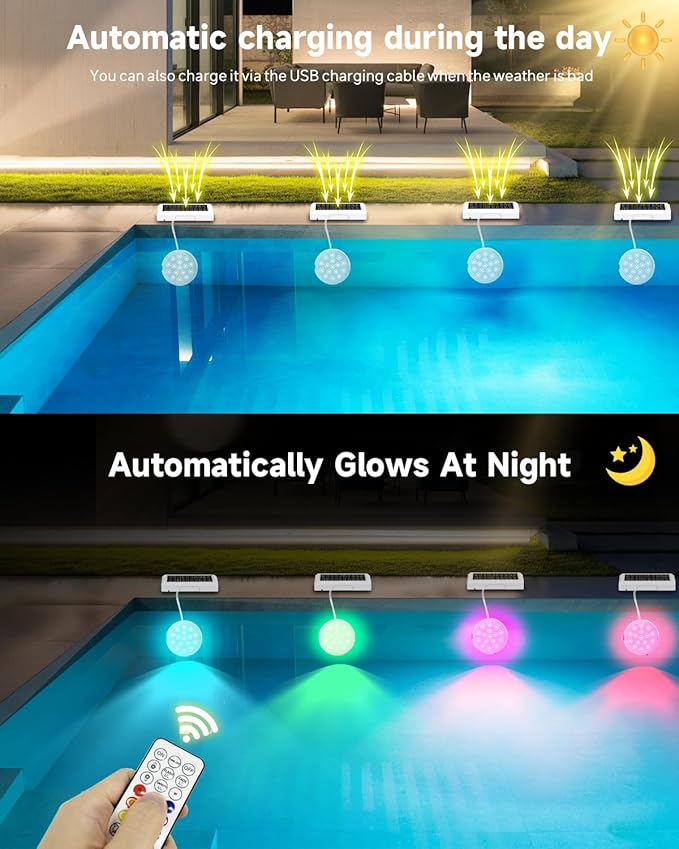 6 Pack Solar Pool Lights, Rechargeable Submersible LED Lights with Remote, IP68 Waterproof Built-in Magnet Solar Underwater Light for Above Ground/Inground Pools, Pond Decoration