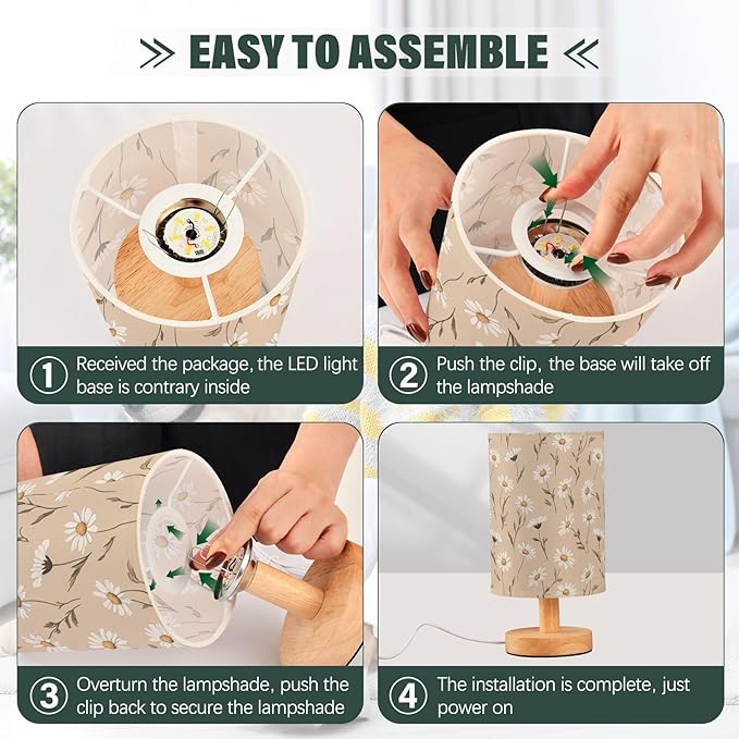 Fustylead Daisy Flower White and Tan Bedside Table Lamps with USB Port for Bedroom Lamp Accent Table Lamp Small Nightstand Lamp Sturdy Linen Shade Wooden Decorative Lamps for Office Dorm Home