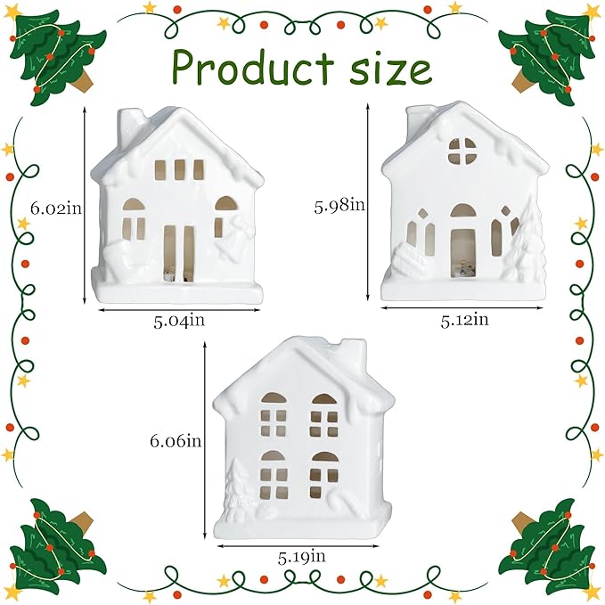 NEROSUN Ceramic Christmas Village Houses, 3Pcs LED Lighted Porcelain White Small House Tabletop Figurines, Light Up Christmas Decorations for Home Shelf Cabinet Table Winter Decor