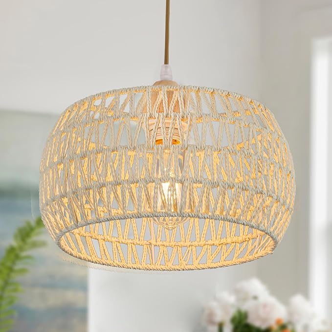 Rattan Pendant Light Fixture,Basket Chandelier Hanging Lights,Cream White Boho Drum Lighting Flush Mount Ceiling Lights Woven Wicker Chandeliers for Kitchen Dinning Room Hallway Bedroom