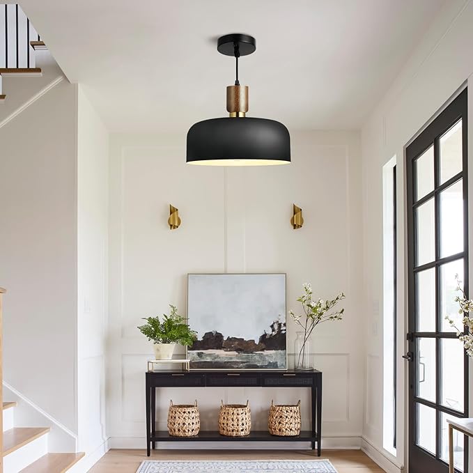 11.6" Modern Black Hanging Light,Large Pendant Light for Kitchen Island,Solid Wood with Hammered Shade,Adjustable Retro Dome Industrial Ceiling Lighting Fixture for Dining Room Hallway Entrance