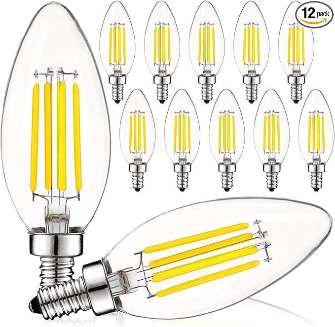 LUXRITE Vintage Candelabra LED Bulb 60W Equivalent, 550 Lumens, 3000K Soft White, LED Chandelier Light Bulbs 5W, Dimmable, Clear Glass, Filament Candle Bulbs, UL Listed, E12 Base (12 Pack)