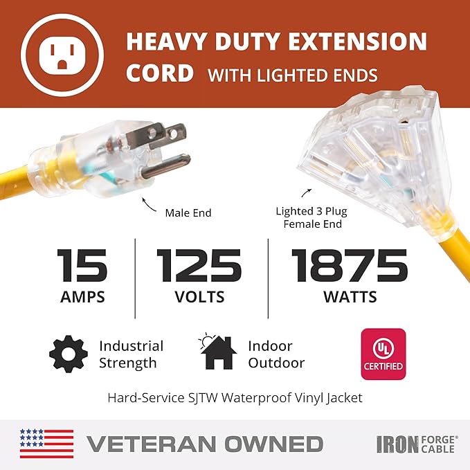 Iron Forge Cable 10 Gauge 50ft Lighted Outdoor Heavy Duty Extension Cord with 3 Outlets - 15 Amp 10/3 SJTW Yellow Extension Cord with Multiple Outlets
