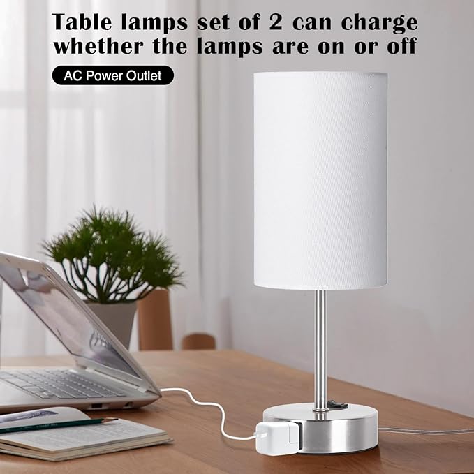 ZJOJO Table Lamp for Bedroom Set of 2, Bedside Small Lamps with 3 Way Dimmable Rocker Switch and AC Outlet, Nightstand Desk Lamp with White Fabric Shade Nickel Base for Living Room Home Decor Lights