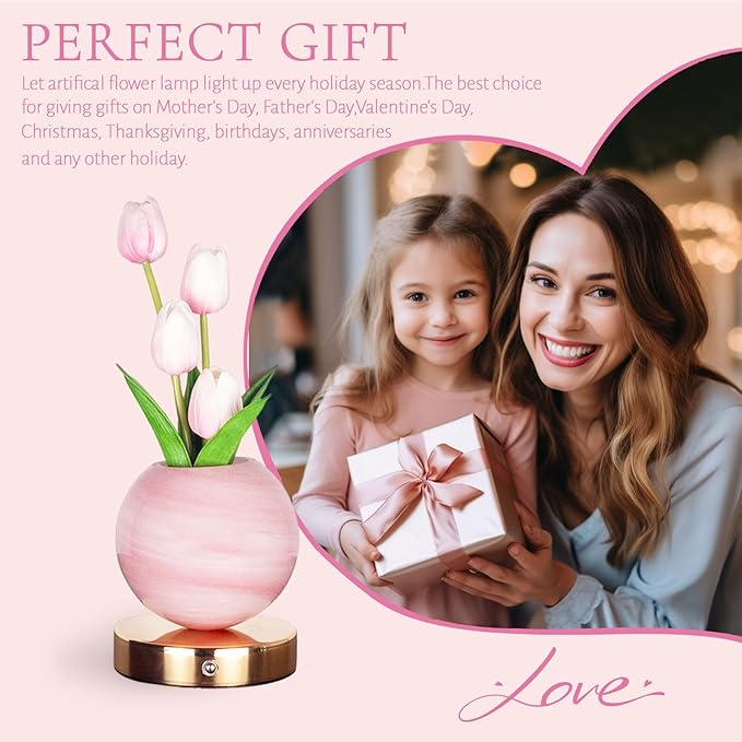 Tulip Table Lamp, Rechargeable Cordless Touch Dimming Artificial Tulip Flower Desk Lamp, LED Flower Bedside Night Light Romantic Gifts for Girl Women Mom (Pink)