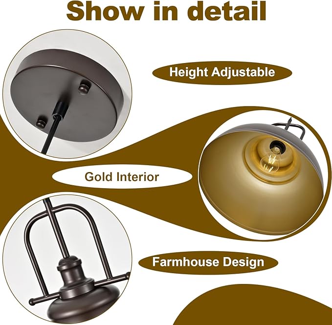 TAKEGO 15.8” Large Farmhouse Pendant Lights Kitchen Island, Oil Rubbed Bronze Rustic Pendant Light Fixture, Vintage Dome Pendant Light, Industrial Hanging Ceiling Lamp for Dining Room, Hallway