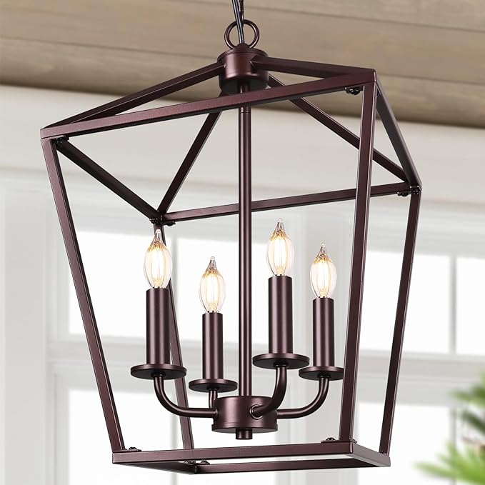 Farmhouse Chandelier 4-Light, Oil-Rubbed Bronze Pendant Light Fixture for Kitchen Island Dining Room, Lantern Industrial Lighting Ceiling Hanging with Metal Cage Adjustable Height for Entryway Foyer