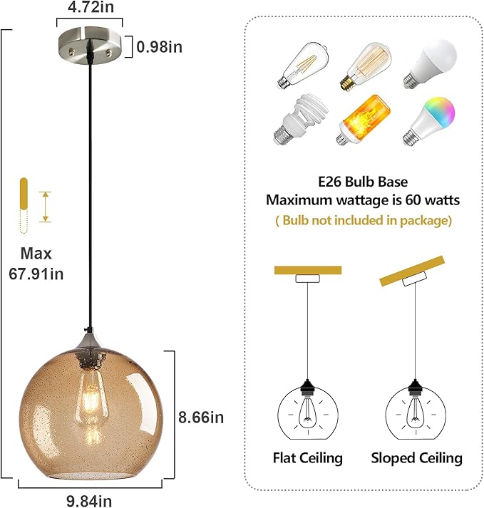 Light Brown Glass Pendant Lights Kitchen Island Globe Pendant Light Fixtures Modern Pendant Lighting for Bedroom Living Dining Room Light Fixture (9.84 in, 1 Pack)
