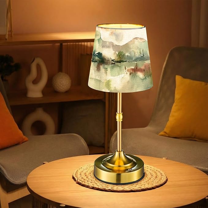Cordless Table Lamp for Bedroom Bedside Mountains Country Linen Lampshade with Rechargeable Table Lamp Watercolor Desk Light for Farmhouse Nightstand Living Room Nursery Home Decor