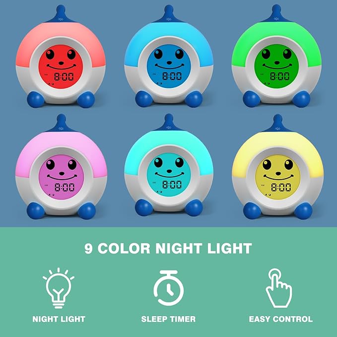 I·CODE Toddler Alarm Clock, Children's Sleep Trainer with Red Green Light,Toddler Sleep Aid Night Light with Auto-Off Timer, Ideal Gift for 2-9 Years Old Younger Children (Blue)