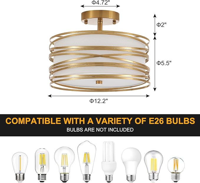 Drum Semi Flush Mount Ceiling Light Fixture Vintage 12.2“ Modern Farmhouse 2-Lights Linen Drum Ceiling Lighting Rustic Golden Ceiling lamp for Dining Room, Bedroom, Laundry Room, Basement