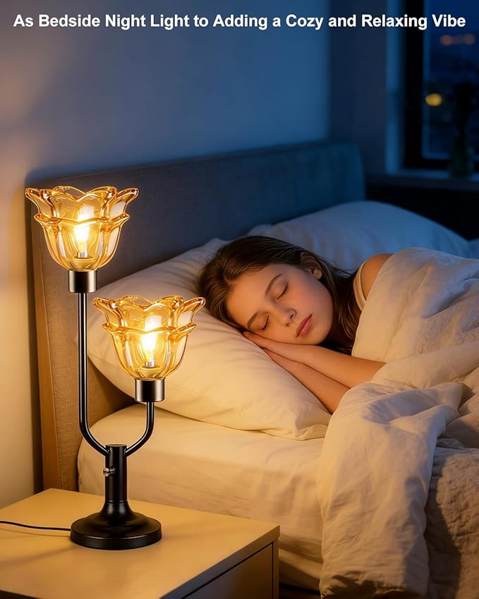 Lightdot Mid Century Modern Flower Table Lamp Black Dimmable U-Shaped Brown Glass Desk Lamps with 2Pcs 3000K Warmwhite Bulbs Included Bedside Nightstand Lamp for Living Room Bedroom