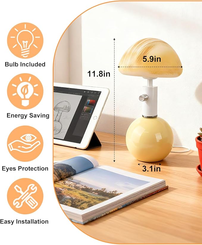 Lightdot Mid Century Modern Stepless Dimmable Table Lamp Ceramic 3000K Warmwhite Desk Lamp with Mushroom-Shaped Shade for Living Room Bedroom Bedside Nightstand Office Home Reading