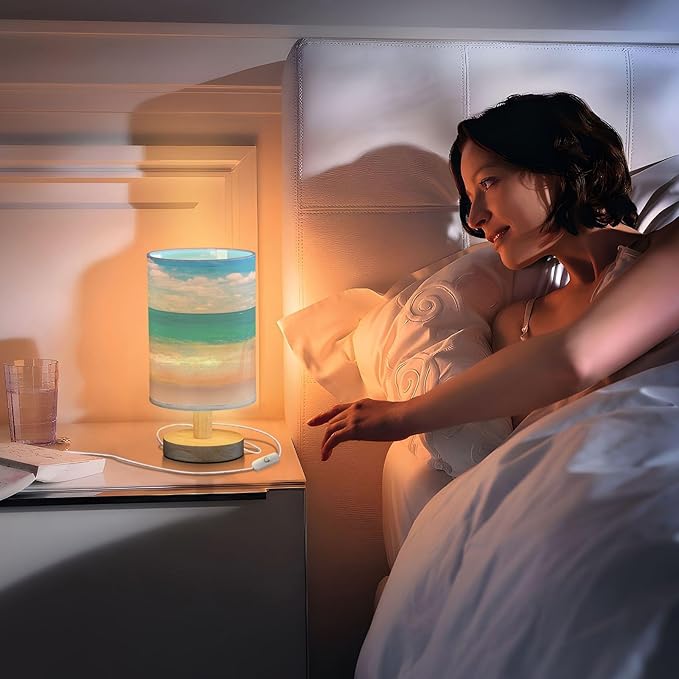 Table Lamp Tropical Sea Summer Blue Ocean with Beach White Cloud on Sky Nightstand Lamp with Wood Base Fabric Lamp Shade Bedside Desk Lamp for Living Room Bedroom Kids Room Office