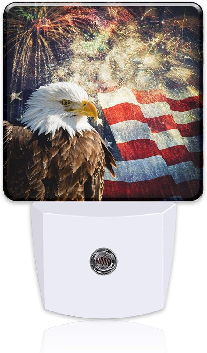USA Flag and Bald Eagle Night Light Plug into Wall, American Patriotic Eagle Dusk to Dawn Night Light,0.5w Energy Saving Sleep Friendly Nightlights for Kids Boys Girls Home Decor
