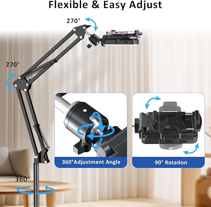 Floor Overhead Phone Tripod with Rechargeable Light for Cooking Videos, Move Around Phone Stand with Ring Light Content Creator Video Recording Selfie Photography TikTok Youtube Compatible with iPhone