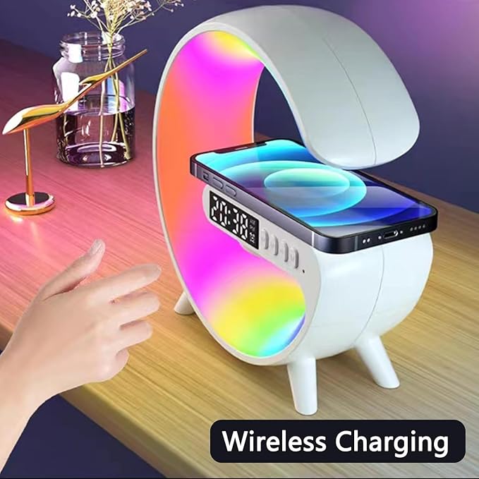 Mini Wireless Speaker Charger, Atmosphere Light with Wireless Charging Function Table Lamp, Bedside Lamp with Alarm Clock & Charging Function, Bedroom Bedside Lamp, Christmas Gifts (White)