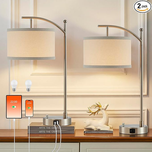 Table Lamp for Living Room Bedroom, 23.5" Table Lamps Set of 2 with USB C+A Ports, Bedside Lamps for Nightstand with Linen Lamp Shades, 2 Dimmable LED Bulbs Included, Silver