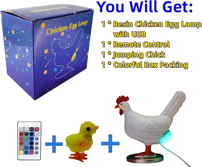 Upgraded Chicken Egg Lamp, 16 Color Change with Remote, 3D Resin Chicken Night Light with USB, Lifelike LED Egg Lamp with Color Gift Box, Easter Birthday Gift