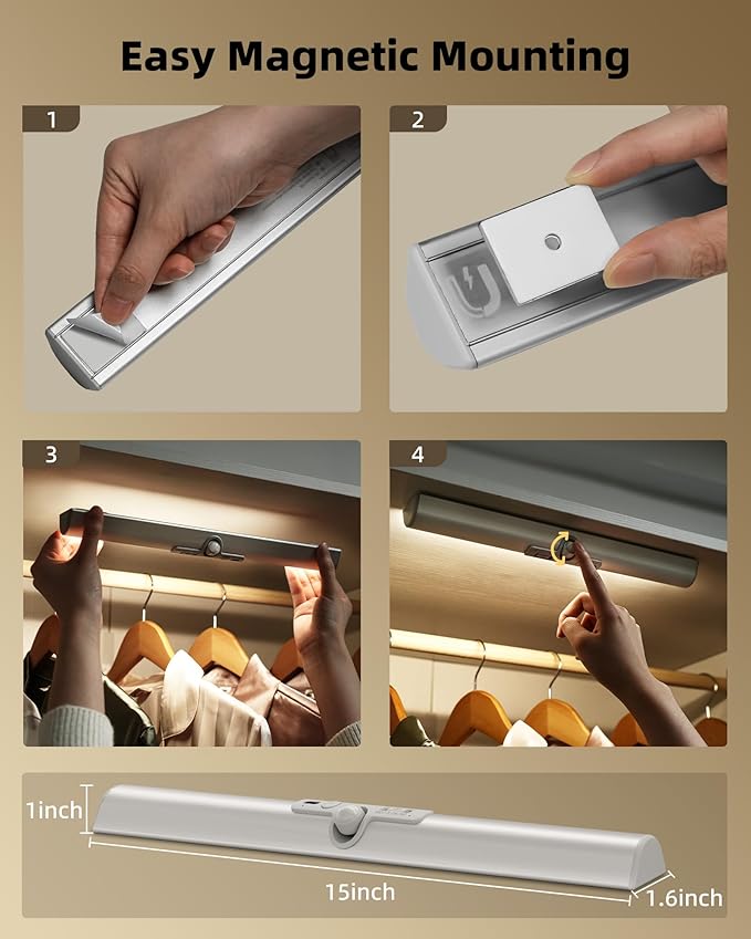 EZVALO 15in Closet Lights with Rotatable Motion Sensor, Rechargeable Under Cabinet Lighting, No-Glare Curved Design, 3 Color Temps & Dimmable LED Lights for Pantry, Wardrobe, Shelf