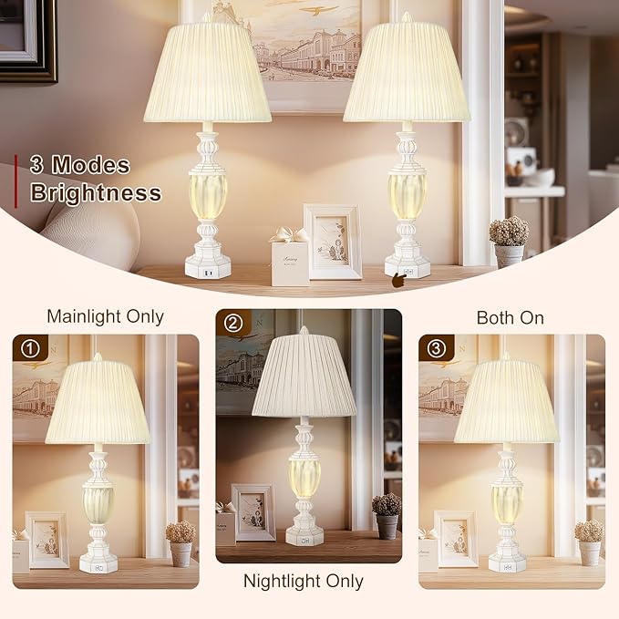 27" Rustic End Table Lamp Set of 2 with Night Light for Bedroom Living Room USB Charging Pots Farmhouse Bedside Lamp with Pleated Shade Boho Nightstand Lamps for Room Office Hotel Dorm(Bulb Included)