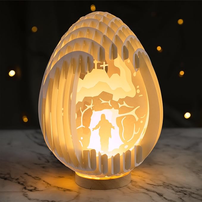 Lighted Easter Egg Centerpieces for Tables Indoor, Resurrection Scene, Paper Easter Decoration for Tabletop, Mantel, Religious Christian Cross Decor, Rabbit Home Decor (He is Risen)