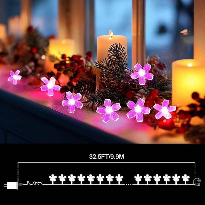 LAMPHOME Pink Flower String Lights, 33ft 100 LED Cherry Blossom Plug in Easter Christmas Tree Hanging Fairy Lamp, 16funstions Garden Bedroom Indoor Decorations for Fence, Wedding Birthday Party