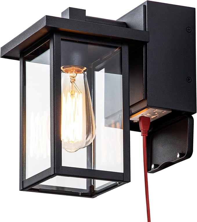 Porch Lights with GFCI Outlet, Black Outdoor Light Wall Mount, Waterproof Exterior Light Fixture with Outlet, Wall Sconce for House, Garage, Patio