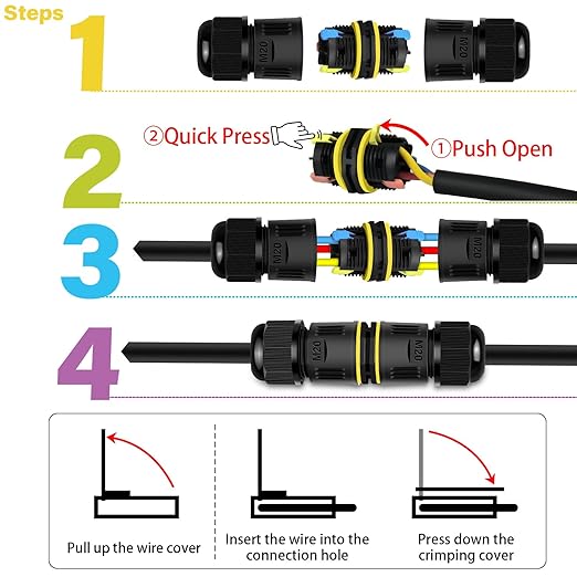 NineLeaf 24PK Waterproof Electrical Cable Connector 3-Pin Push-in Type, IP68 Underground Wire Connector M20 5-12mm, Fast Press-fit Extension Plug for Outdoor Garden and Landscape Lights