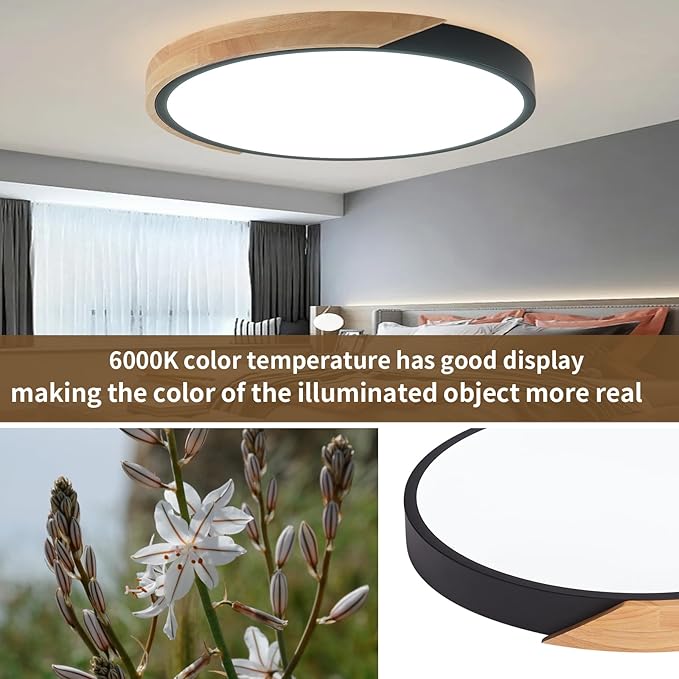 Modern LED Ceiling Light, 2 Pack Wood Flush Mount Ceiling Lights, LED Kitchen Lights Hallway Light Fixtures for Bedroom Laundry Room (Black,11.8",6000K)